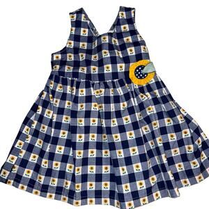 Vintage sunflower fall gingham navy blue and white girls dress tie in back Sz 4